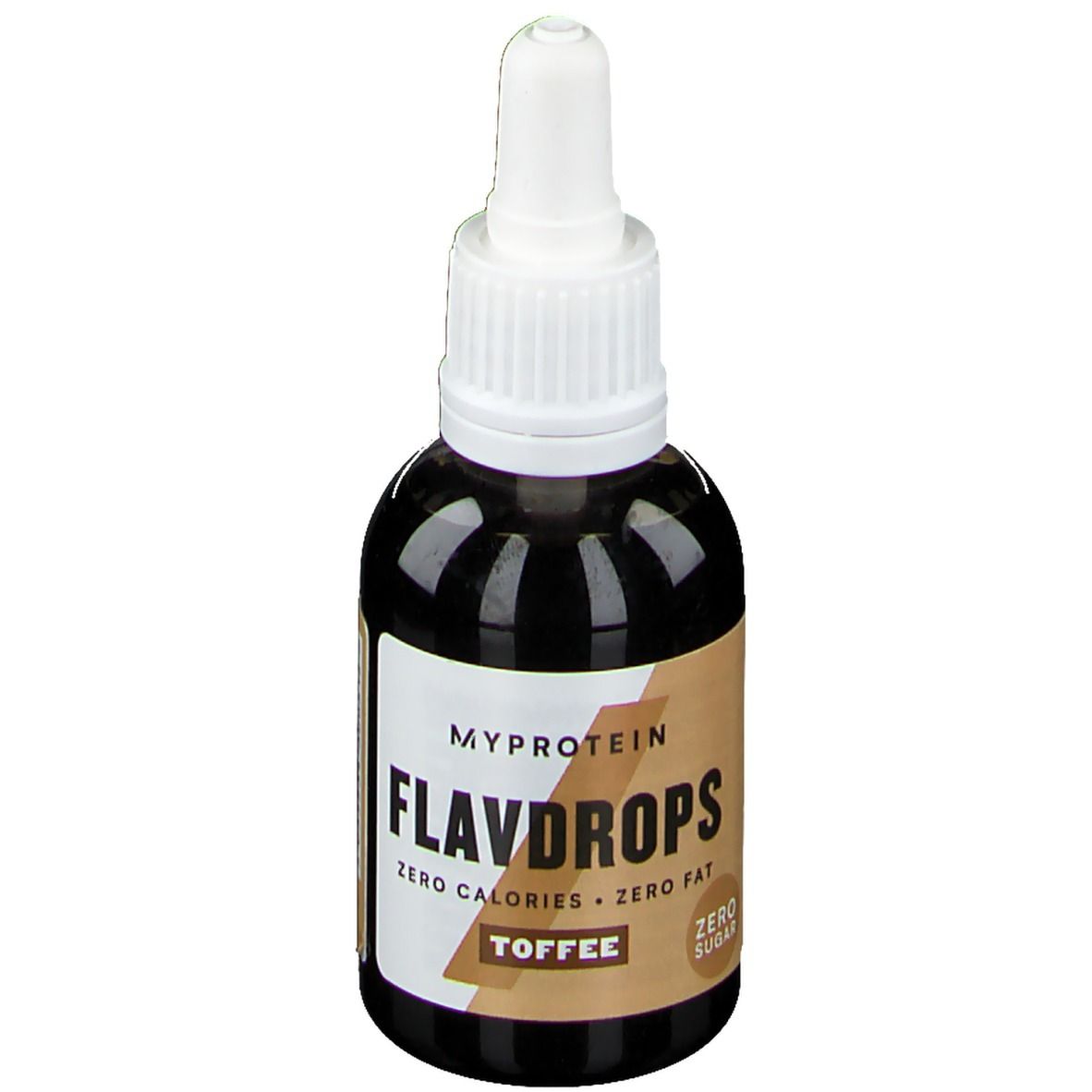 Flacon marron avec bouchon blanc. Inscription : Myprotein FlavDrops, Toffee, Zero Calories, Zero Fat, Zero Sugar.