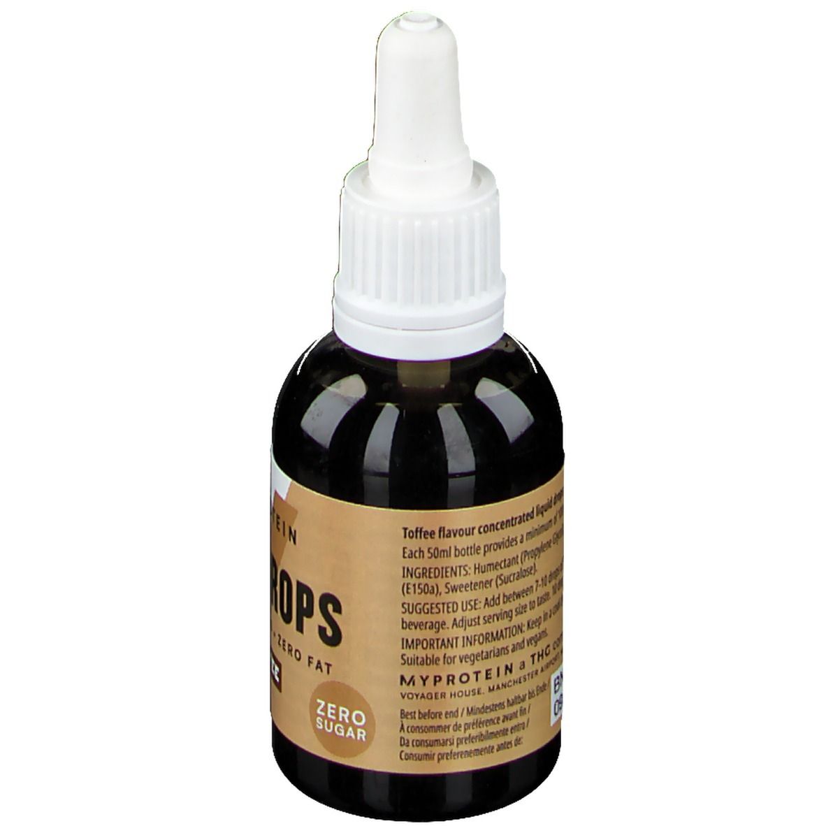 Flacon marron avec bouchon blanc. Inscription : Myprotein FlavDrops, Zero Sugar. Texte avec ingrédients et conseils d'utilisation.