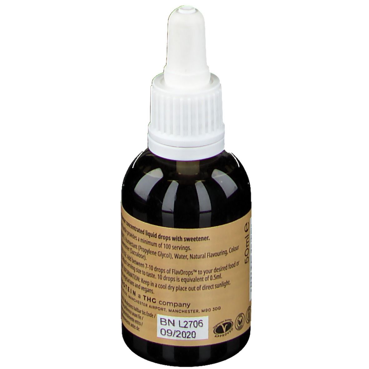 Flacon marron avec bouchon blanc. Dos avec texte : ingrédients, conseils d'utilisation, date de péremption et logo.