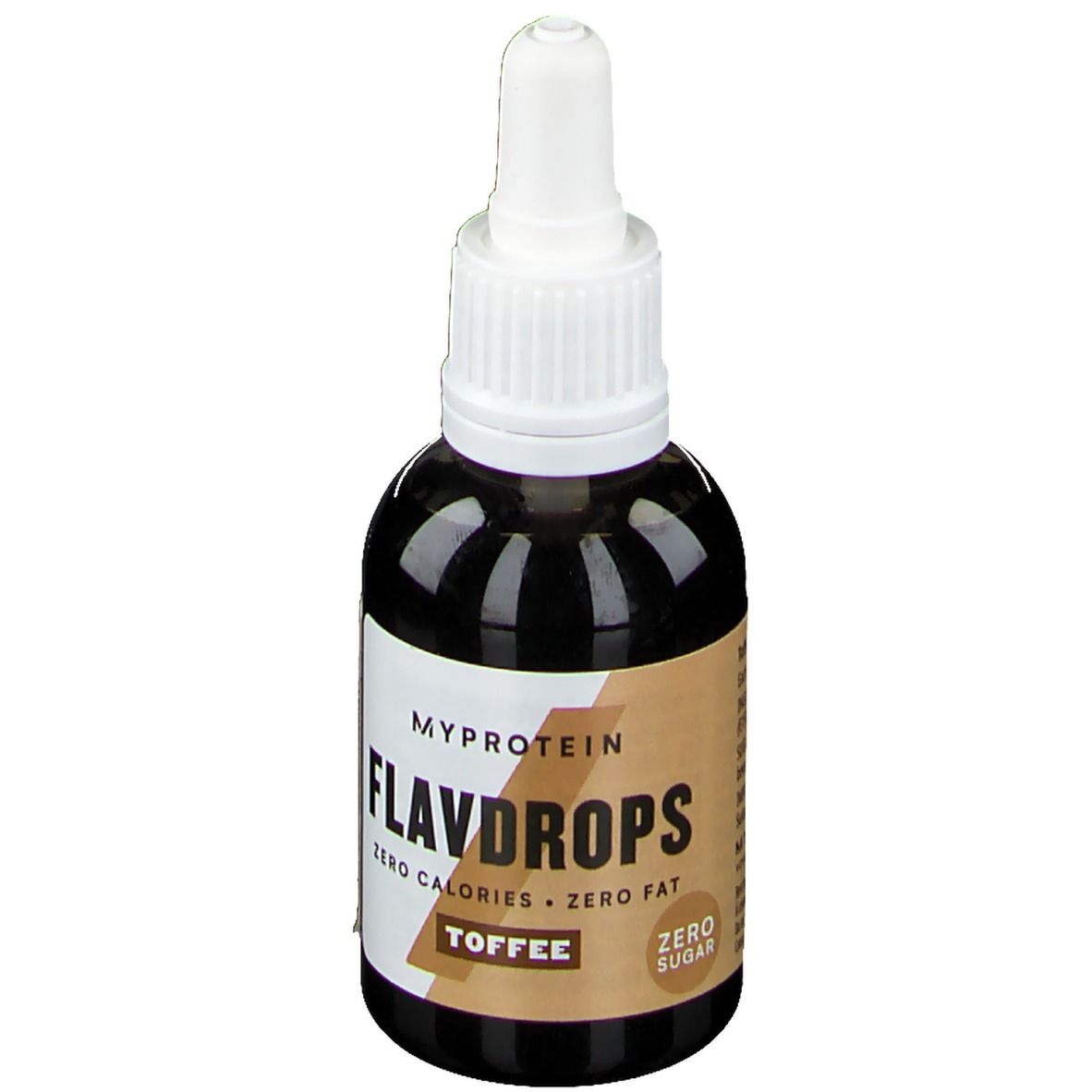 Flacon marron avec bouchon blanc. Inscription : Myprotein FlavDrops, Toffee, Zero Calories, Zero Fat, Zero Sugar.