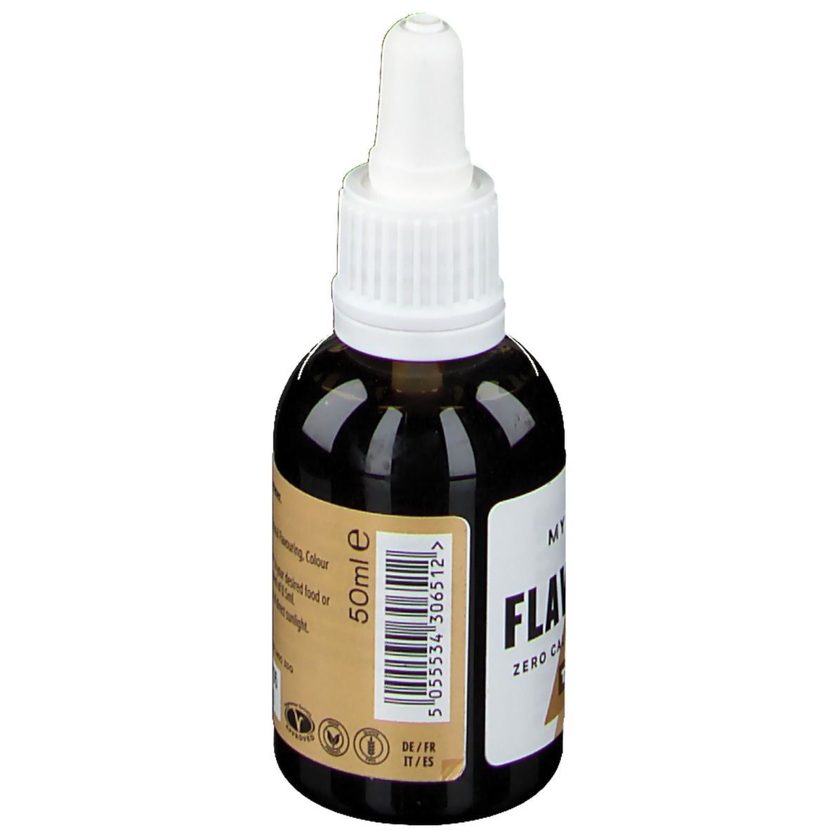 Flacon marron avec bouchon blanc. Inscription : Myprotein FlavDrops, 50ml. Code-barres et logos.