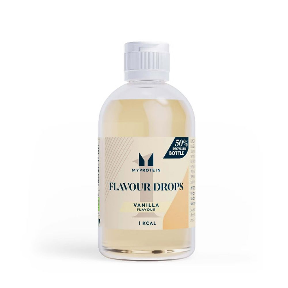 Flacon transparent avec bouchon blanc. Étiquette avec logo et inscription FLAVOUR DROPS Vanille. Flacon recyclé à 50%.