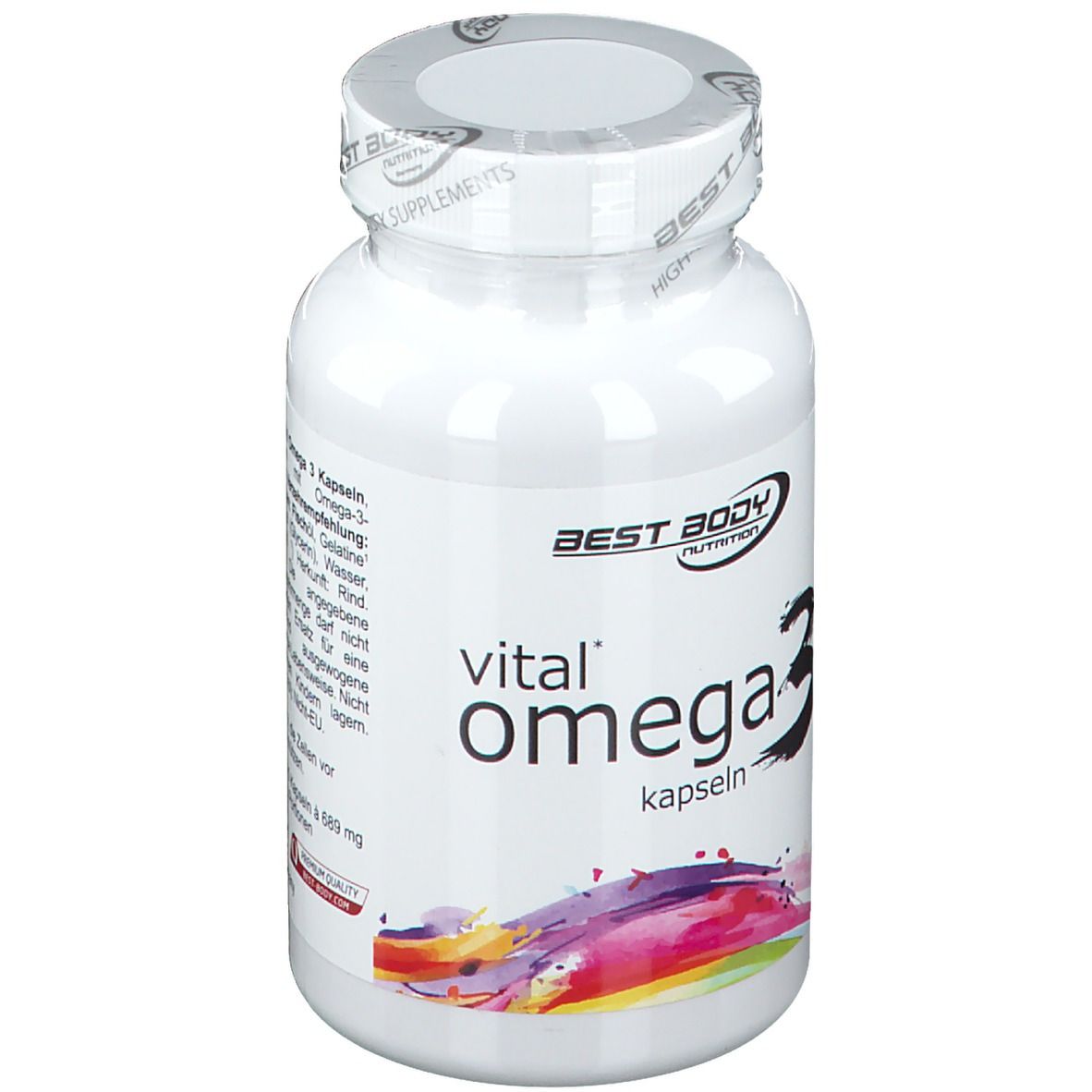 Flacon blanc de gélules Omega 3. Inscription: Best Body Nutrition, vital Omega 3 kapseln.