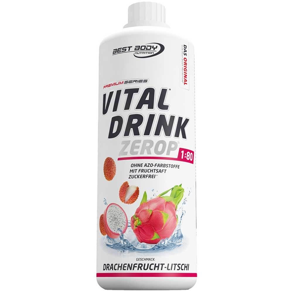 Bouteille blanche de Vital Drink. Inscription: Drachenfrucht-Litschi, sans colorants azoïques, avec jus de fruits, sans sucre. Illustration de fruits.