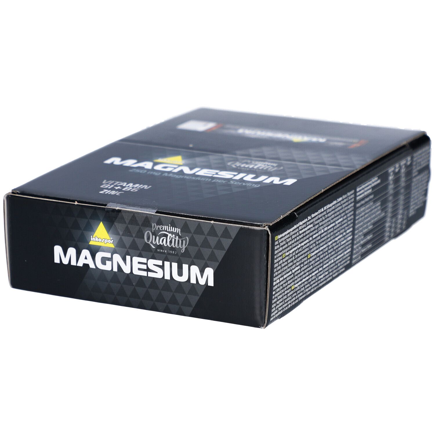 Boîte noire avec "MAGNESIUM". Contient "Vitamine B1+B6, Zinc". Logo "Premium Quality".
