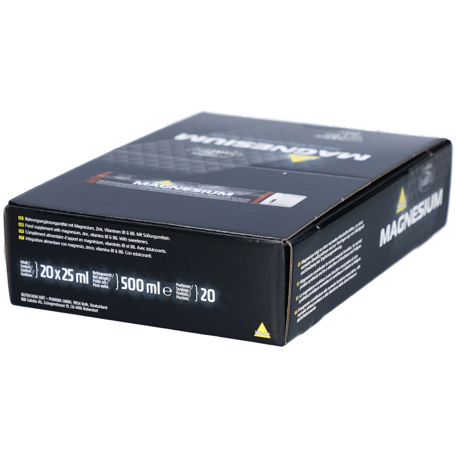 Boîte noire avec "MAGNESIUM". Contient 20x25ml. Indique "500 ml e" et "20".