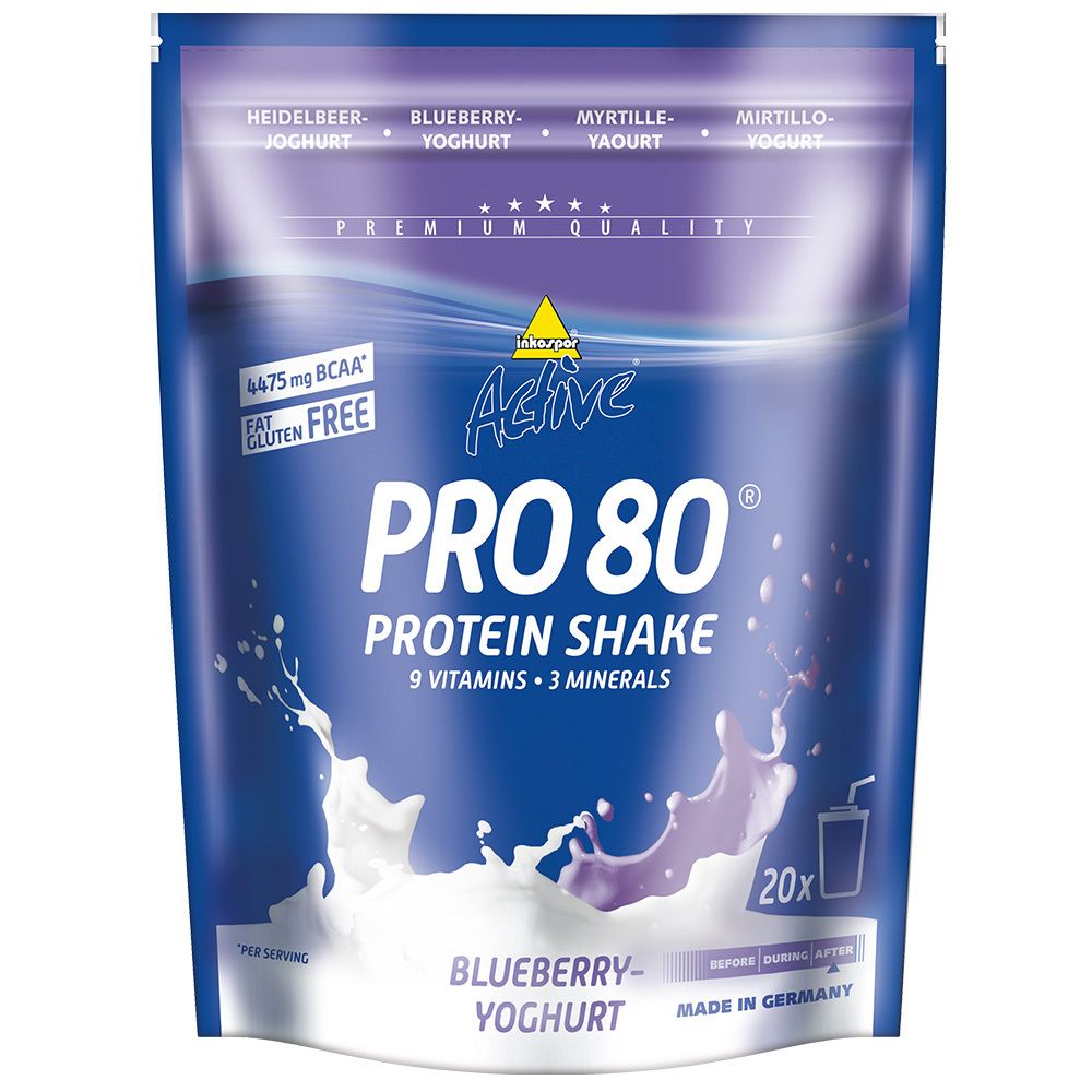 Emballage bleu avec le nom du produit PRO 80. Contient Protein Shake, 9 vitamines et 3 minéraux. Inscription: Blueberry-Yoghurt. Fabriqué en Allemagne.