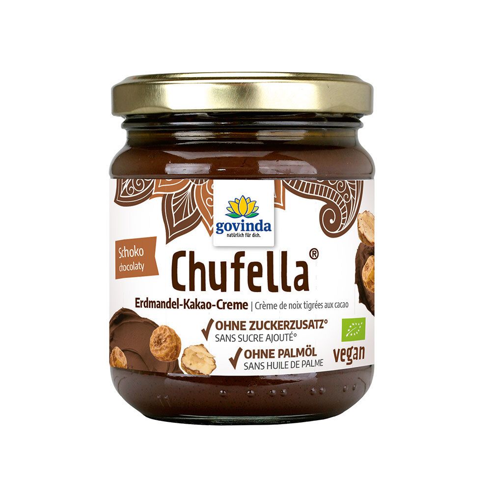Pot de crème choco-tigrée. Inscription : Chufella, sans sucre ajouté, sans huile de palme, vegan. Logo : Govinda.