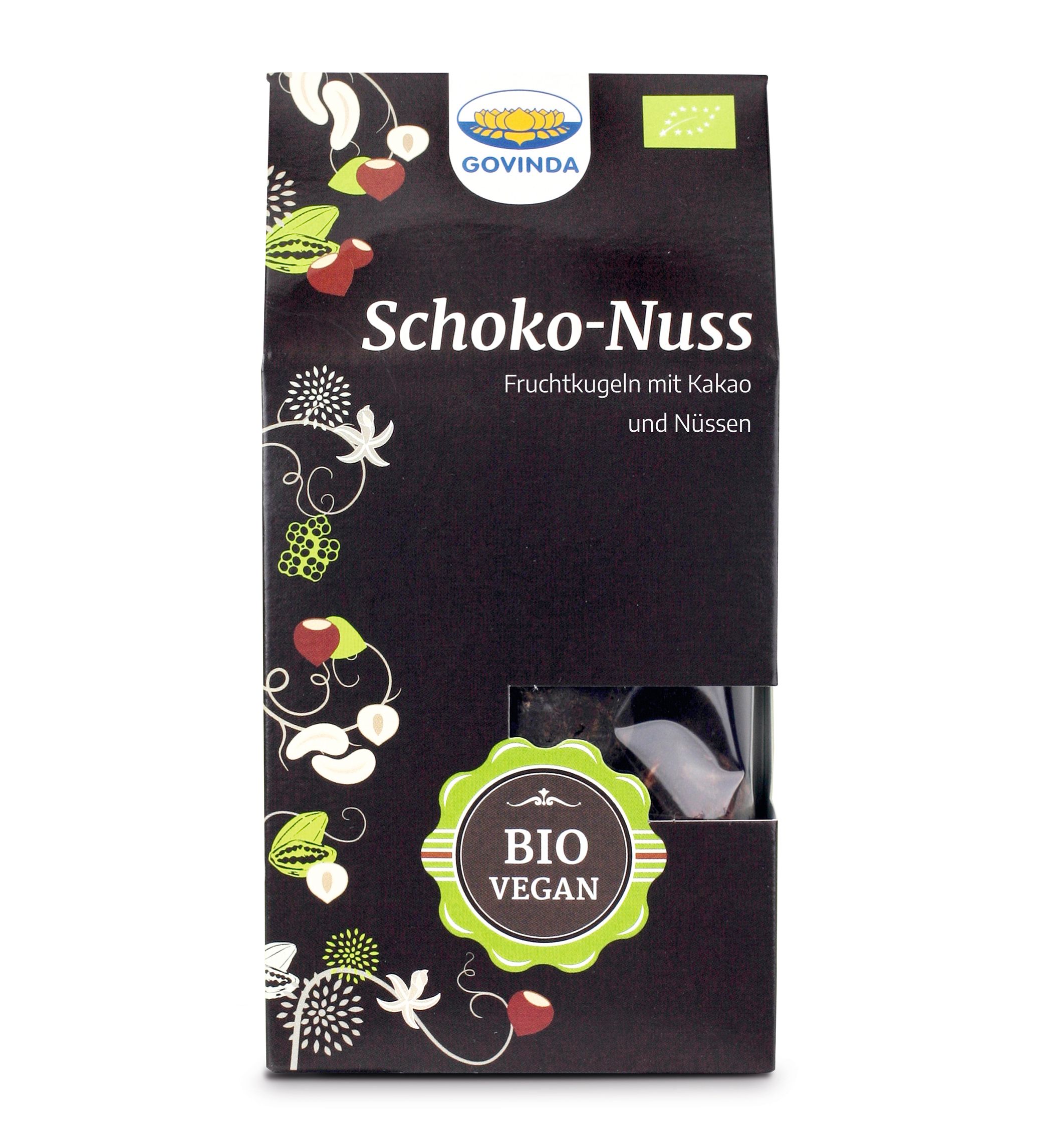Emballage noir avec texte "Schoko-Nuss". Label Bio. Fenêtre avec produit visible. Marque Govinda.