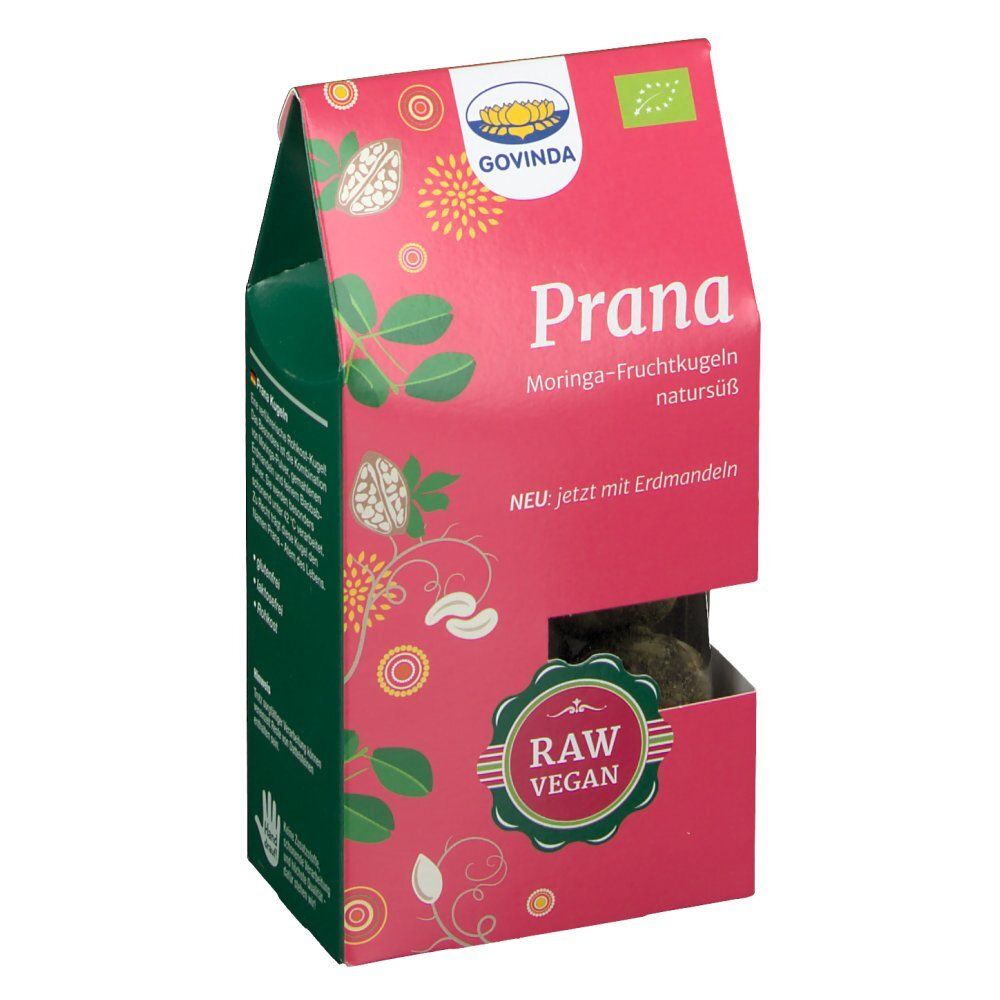 Boîte rose Govinda. Texte: Prana Moringa-Fruchtkugeln, Raw Vegan. Contenu visible.