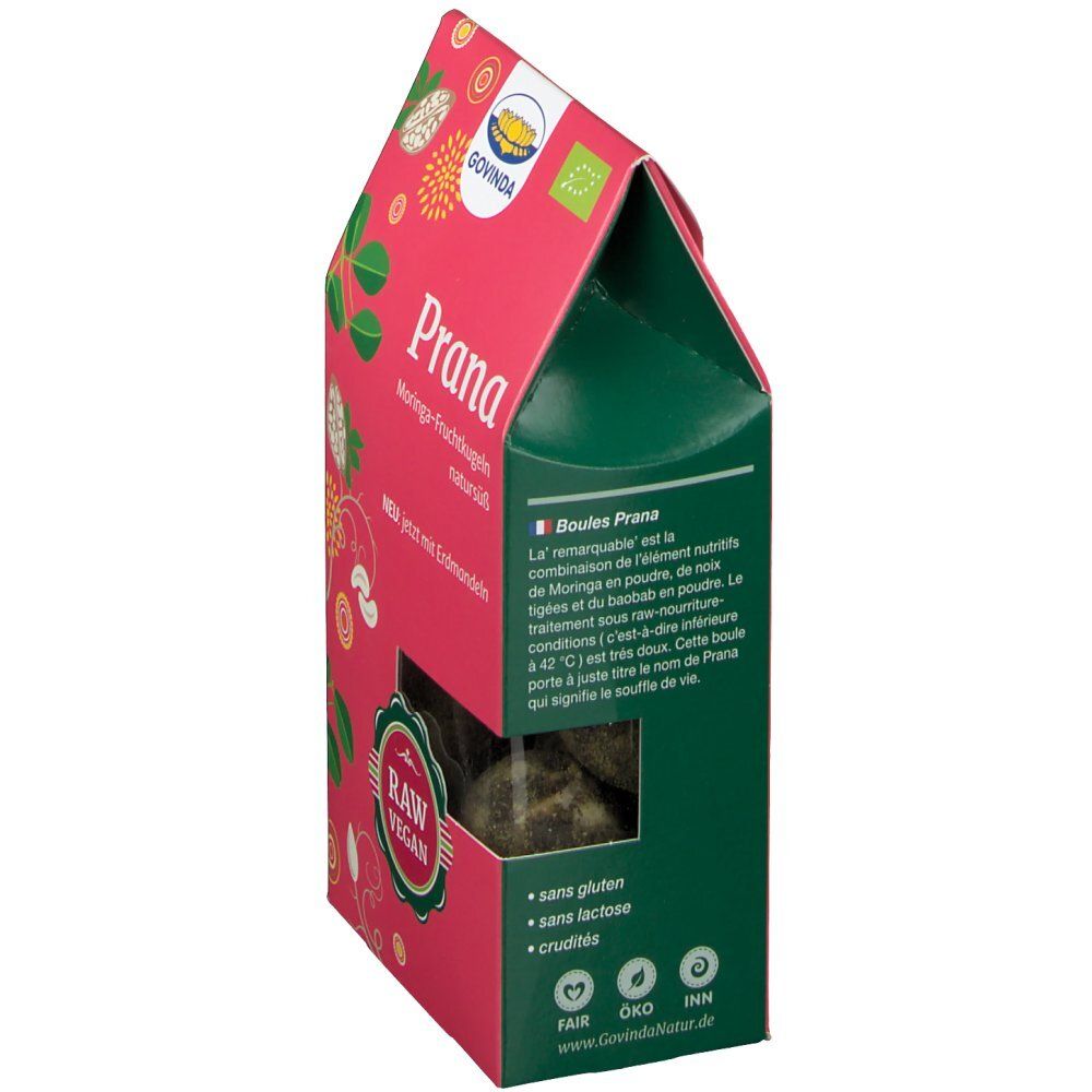 Côté de la boîte. Texte: "Prana Moringa-Fruchtkugeln", sans gluten, sans lactose, cru. Label bio.