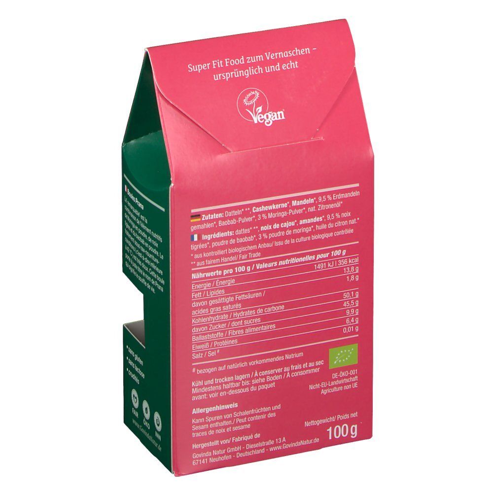 Dos de la boîte. Texte: ingrédients, valeurs nutritionnelles, 100g. Label bio.