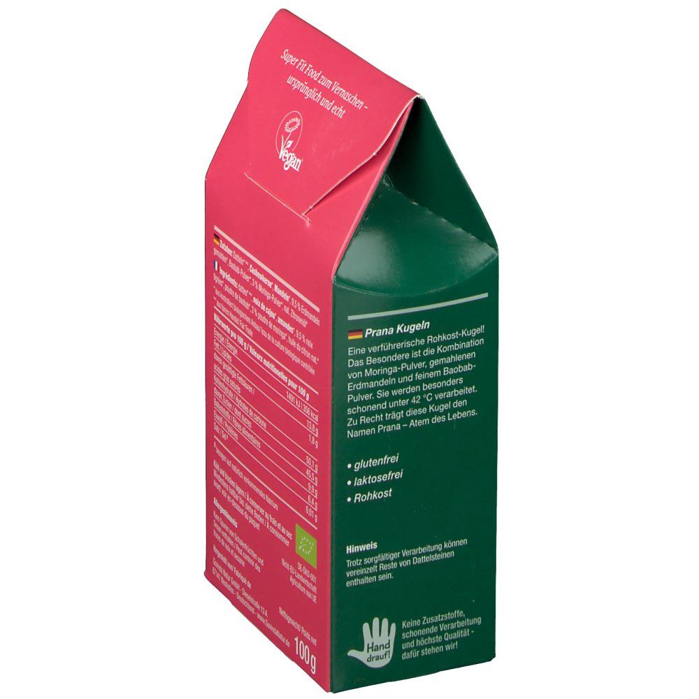 Côté de la boîte. Texte: "Prana Kugeln", sans gluten, sans lactose, cru. Label bio.