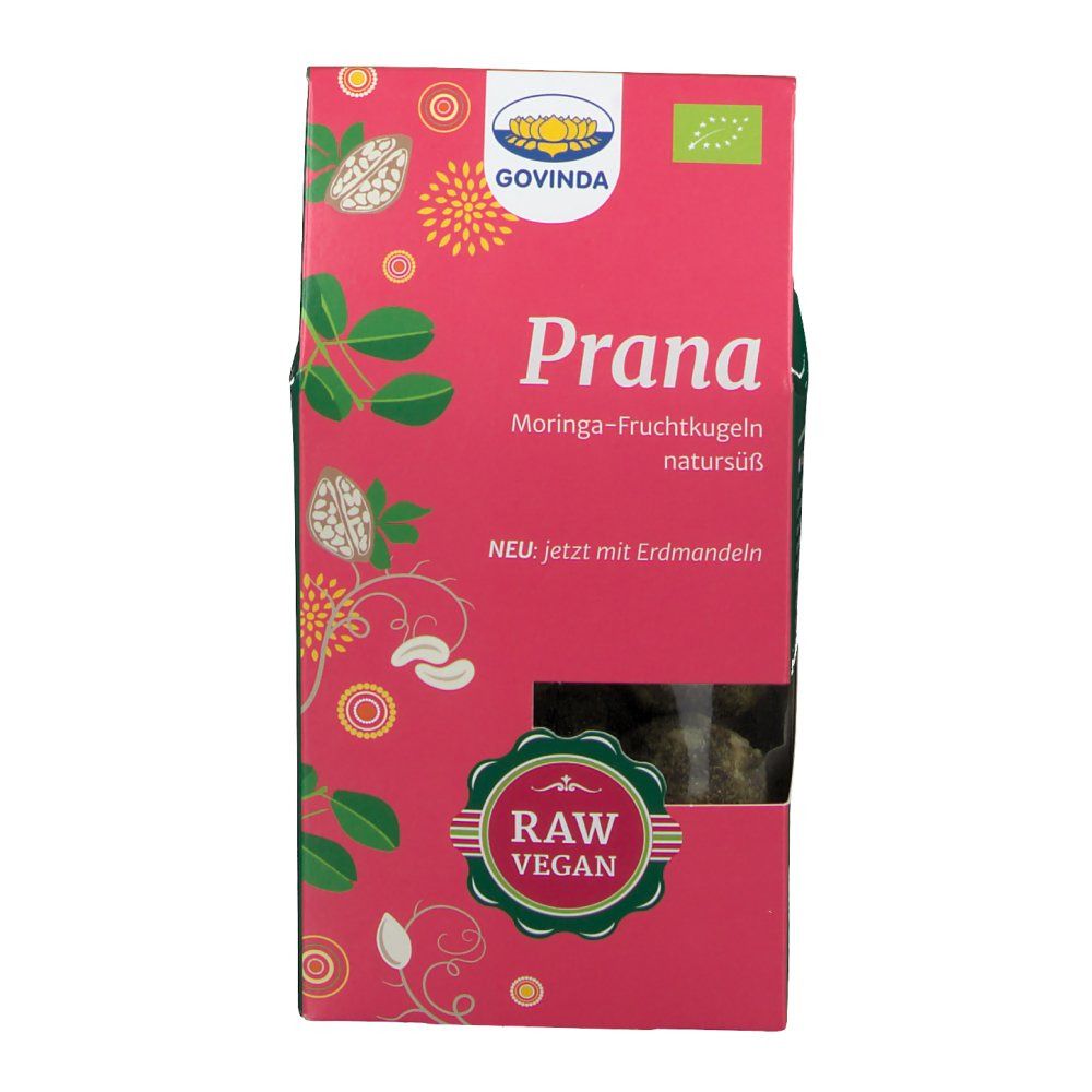 Boîte rose Govinda. Texte: Prana Moringa-Fruchtkugeln, Raw Vegan. Contenu visible.