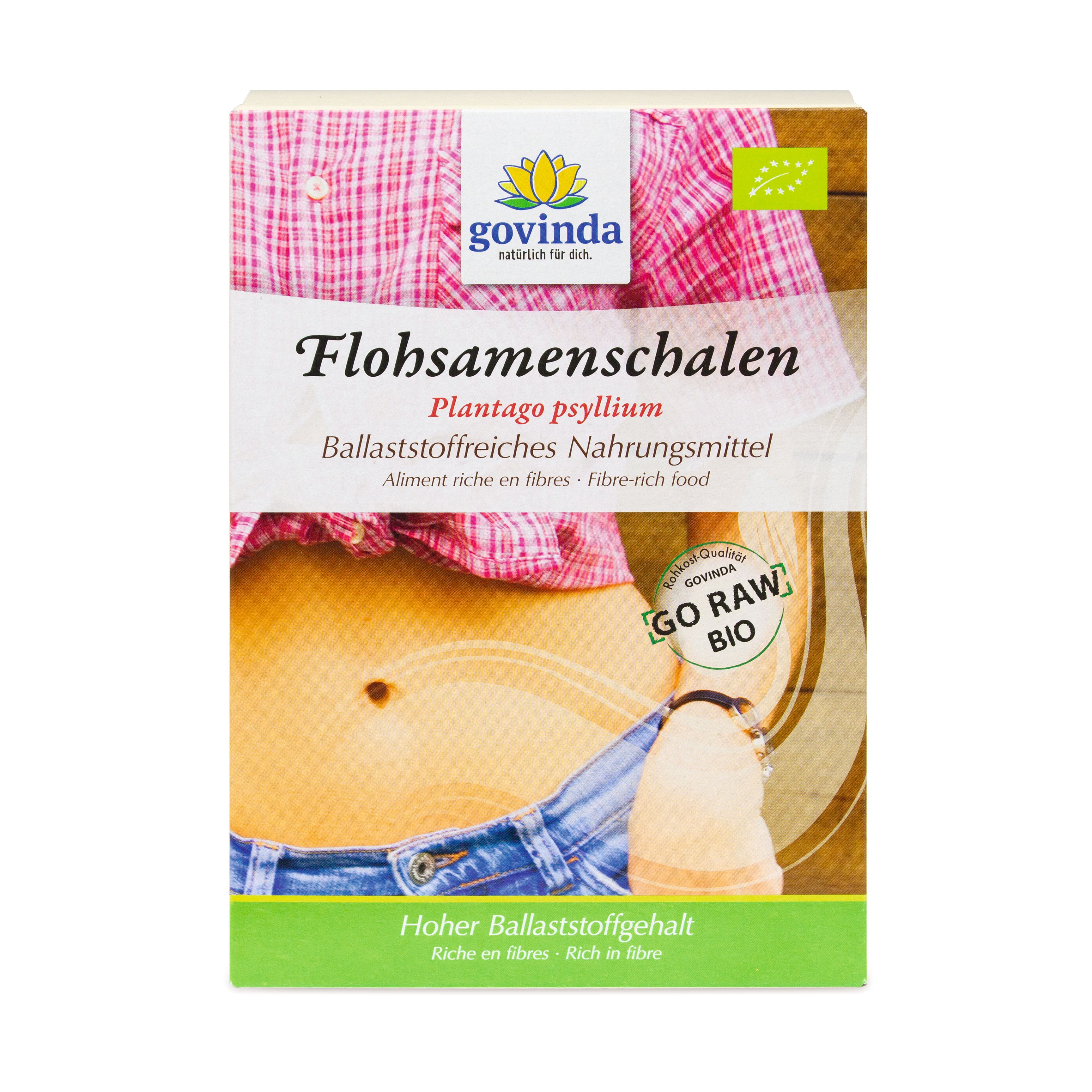 Boîte de Govinda Bio Flohsamenschalen. Texte: Flohsamenschalen, Plantago psyllium, Aliment riche en fibres. Label GO RAW BIO.