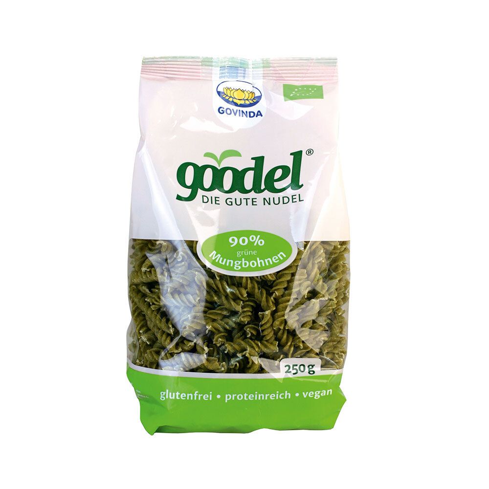 Paquet de pâtes vertes. Inscriptions : Govinda, Goodel, 90% haricots mungo verts, sans gluten, riche en protéines, végétalien.