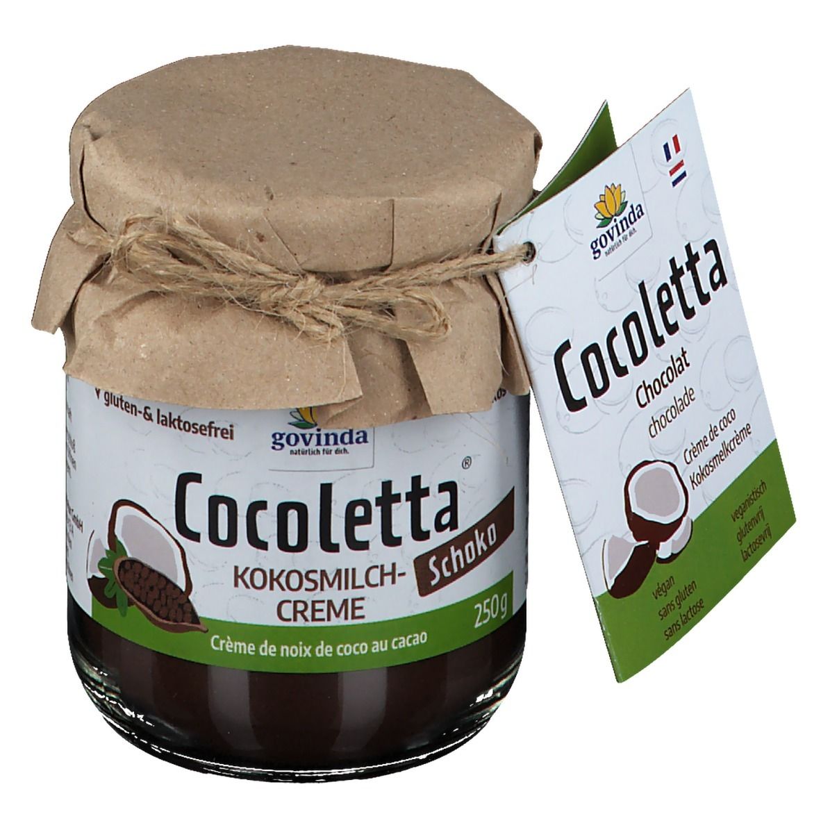 Pot de crème de lait de coco au chocolat. Couvercle en papier et ficelle. Étiquette avec nom du produit et illustration de noix de coco.