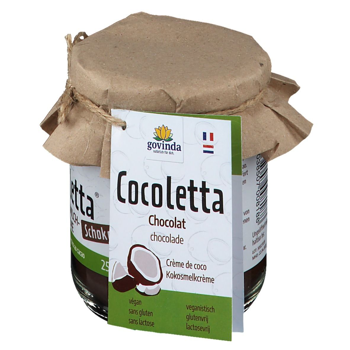 Pot de crème de lait de coco au chocolat. Couvercle en papier et ficelle. Étiquette avec nom du produit et illustration de noix de coco.