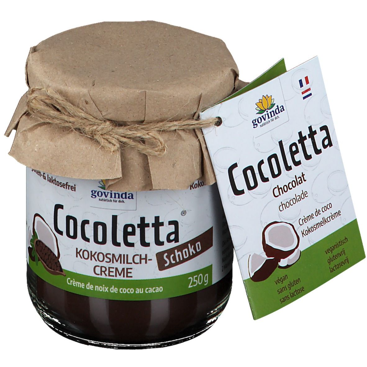 Pot de crème de lait de coco au chocolat. Couvercle en papier et ficelle. Étiquette avec nom du produit et illustration de noix de coco.