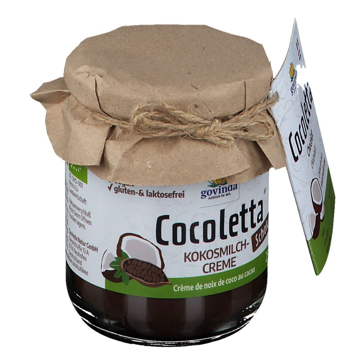 Pot de crème de lait de coco au chocolat. Couvercle en papier et ficelle. Étiquette avec nom du produit et illustration de noix de coco. Label bio.