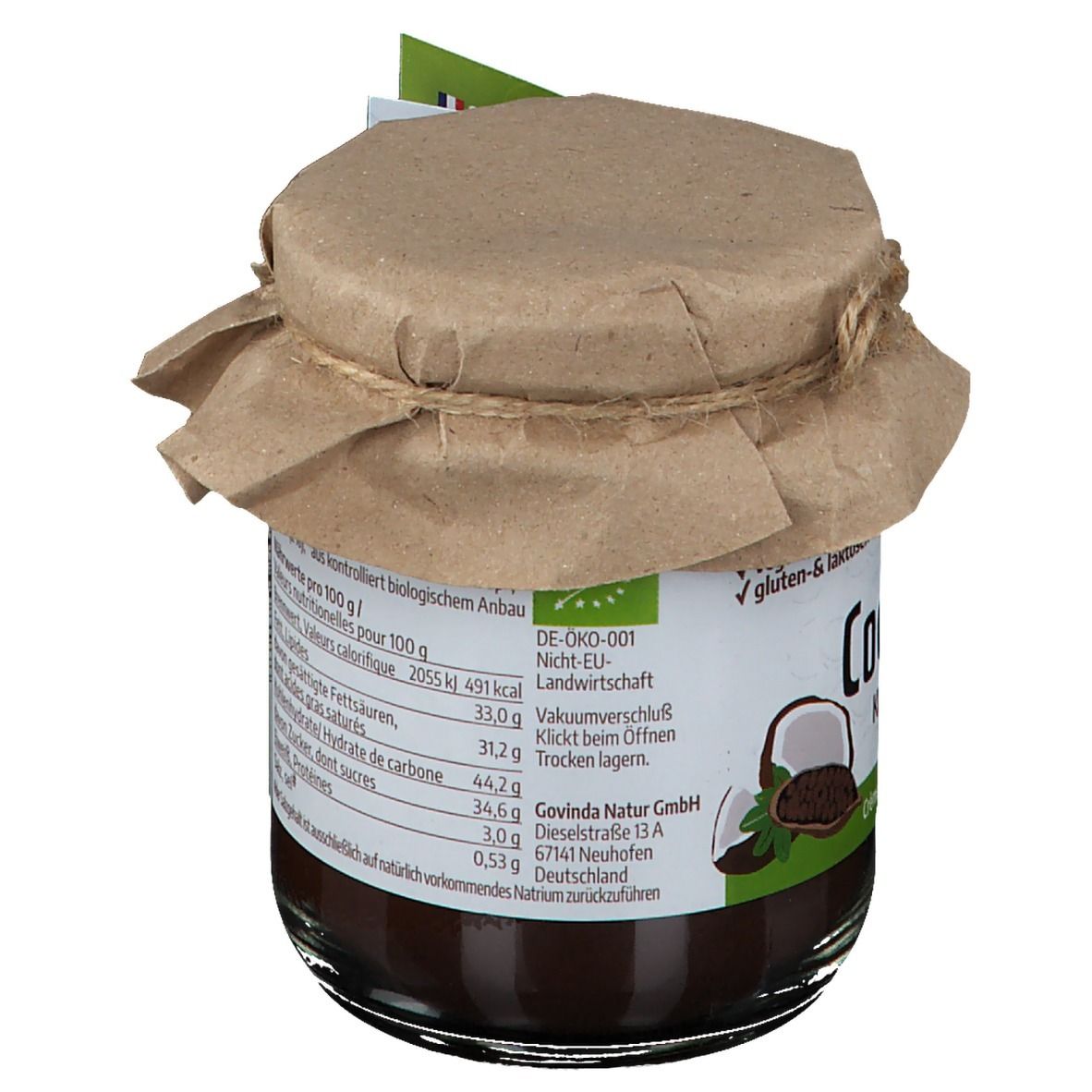Pot de crème de lait de coco au chocolat. Dos avec informations nutritionnelles et label bio. Couvercle en papier et ficelle.