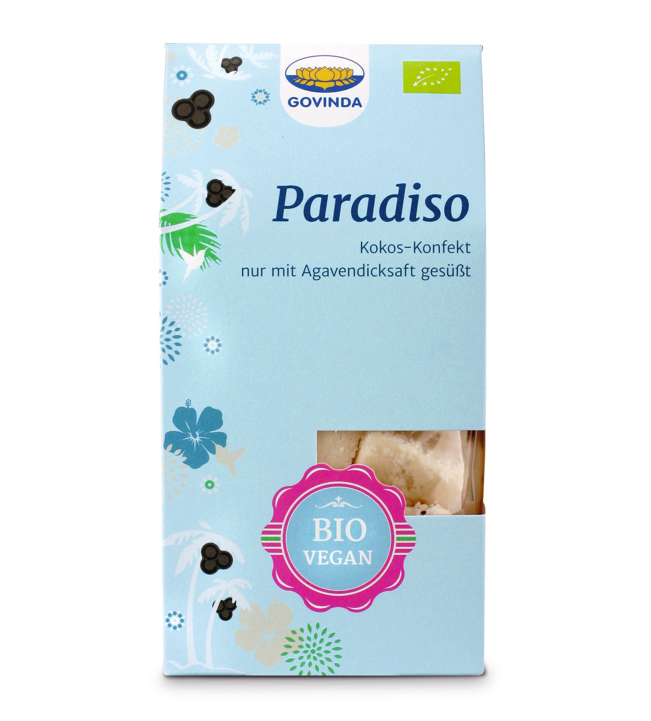 Emballage de Paradiso Kokos-Konfekt. Fond bleu clair avec logo, nom du produit et label bio. Fenêtre avec confiserie visible.