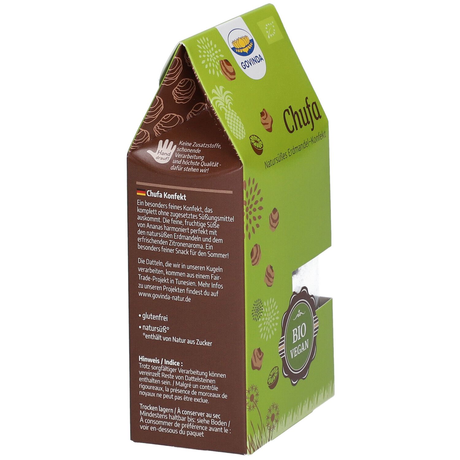 Emballage avec logo "Govinda" et inscription "Chufa". Dos avec texte et informations nutritionnelles. Label "Bio Vegan".