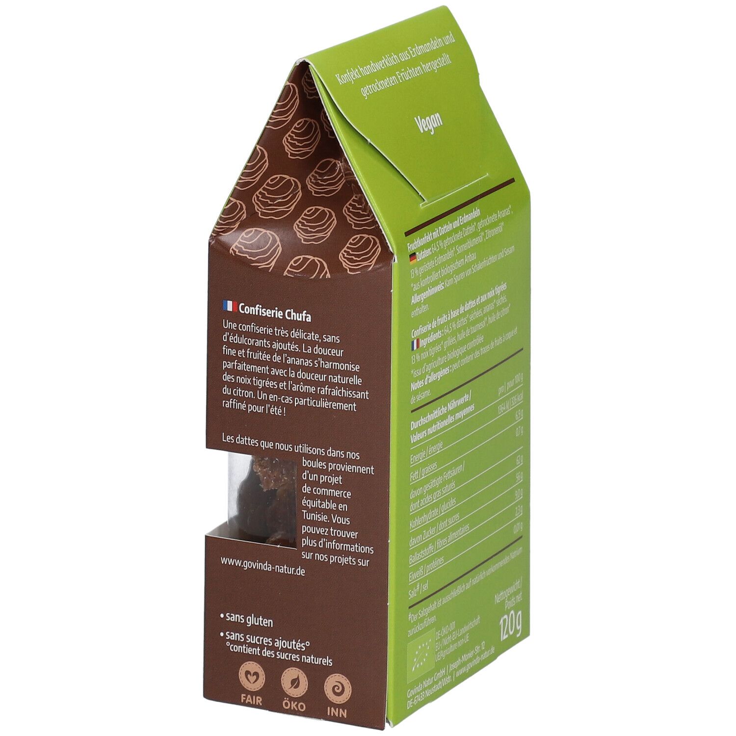 Emballage avec texte, informations nutritionnelles et inscription "Vegan". Label "Bio". Fenêtre avec confiserie.