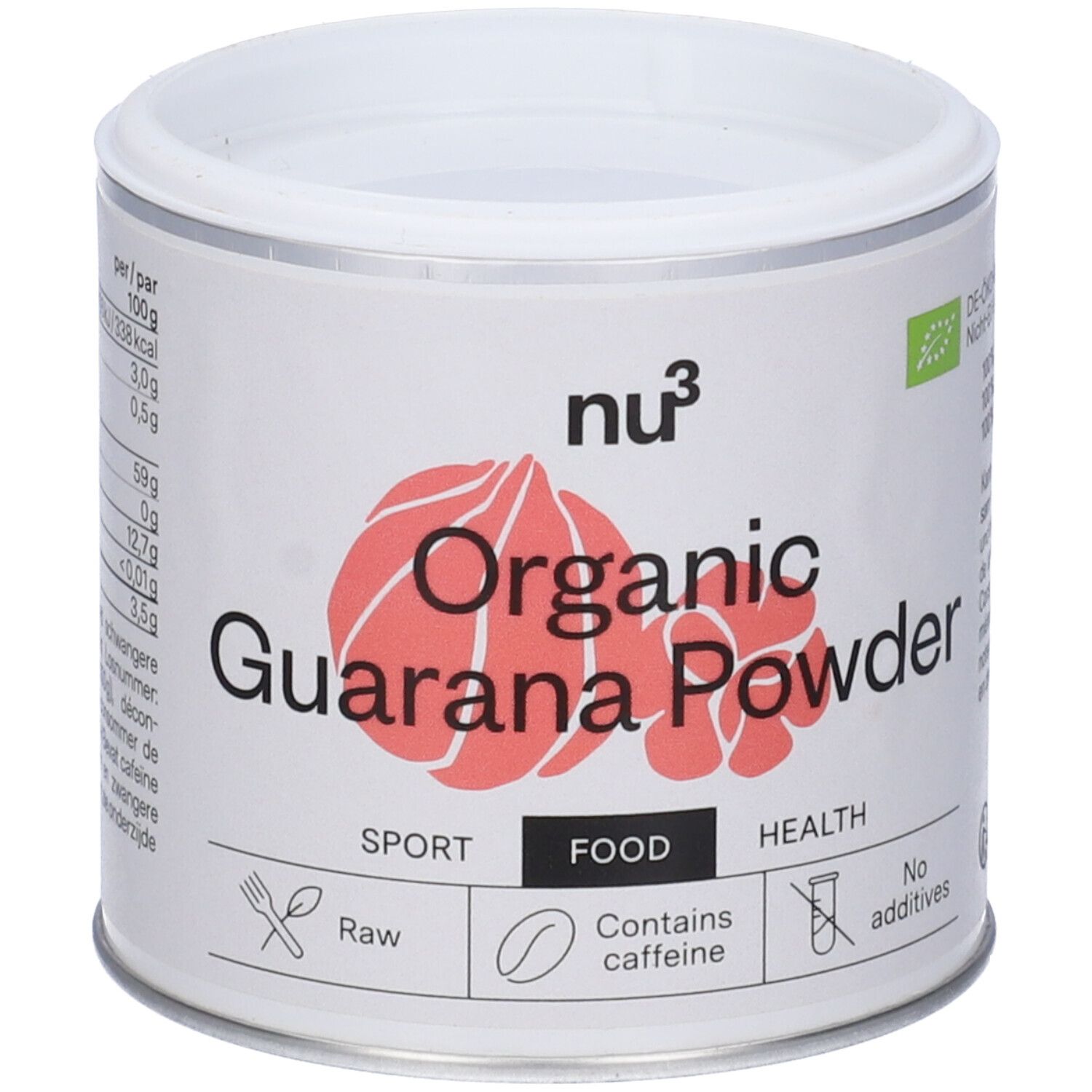 Boîte blanche avec logo Guarana Powder rouge. Inscription: Organic Guarana Powder, contient de la caféine. Avec label bio.