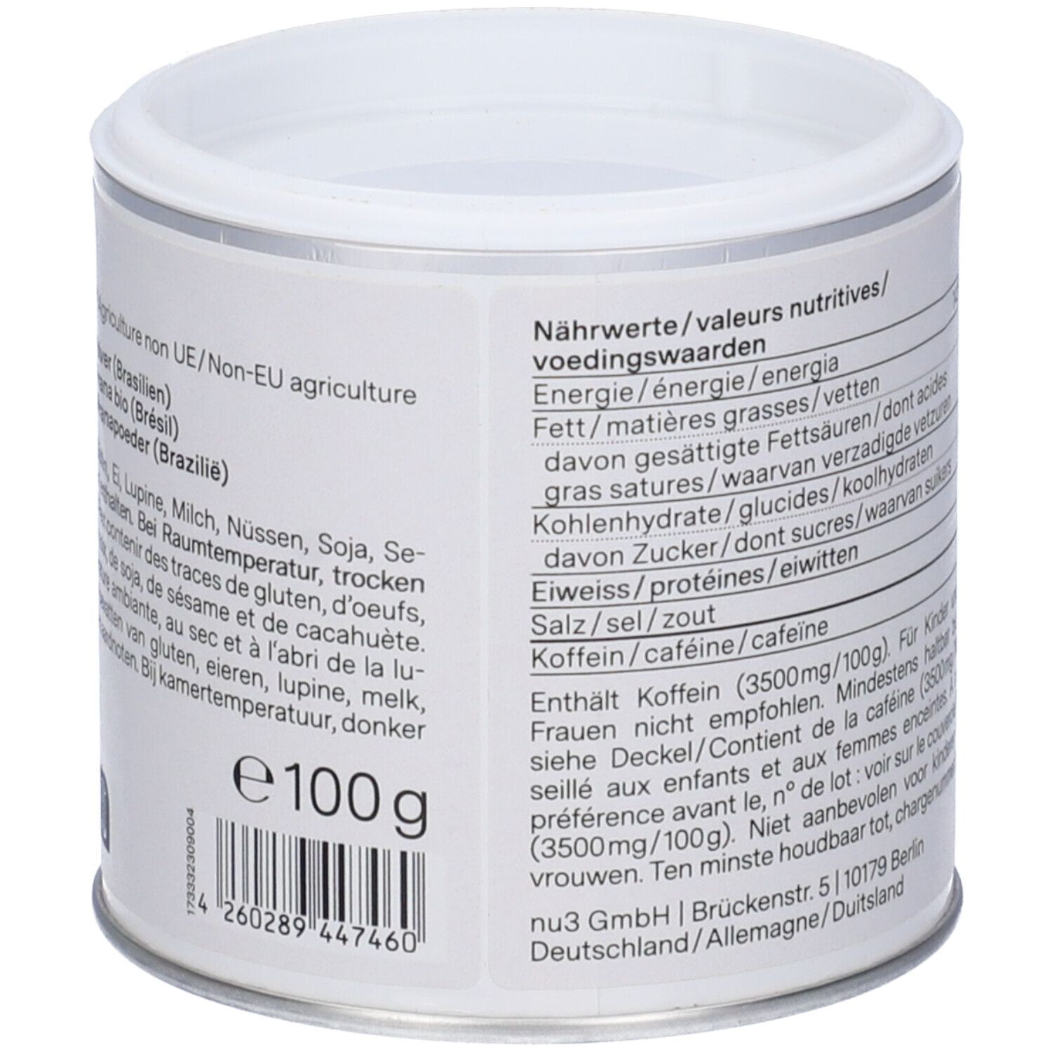 Dos de la boîte avec informations nutritionnelles et ingrédients. Texte en allemand, français et néerlandais. Avec label bio.