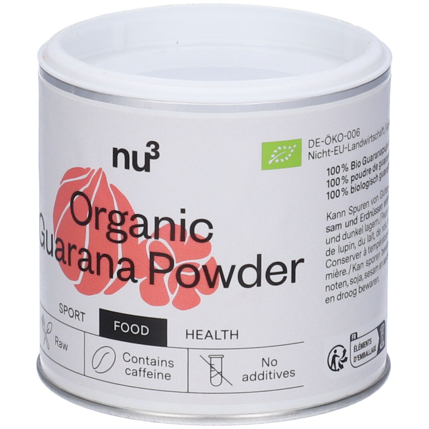 Boîte blanche avec logo Guarana Powder rouge. Inscription: Organic Guarana Powder, contient de la caféine. Avec label bio.