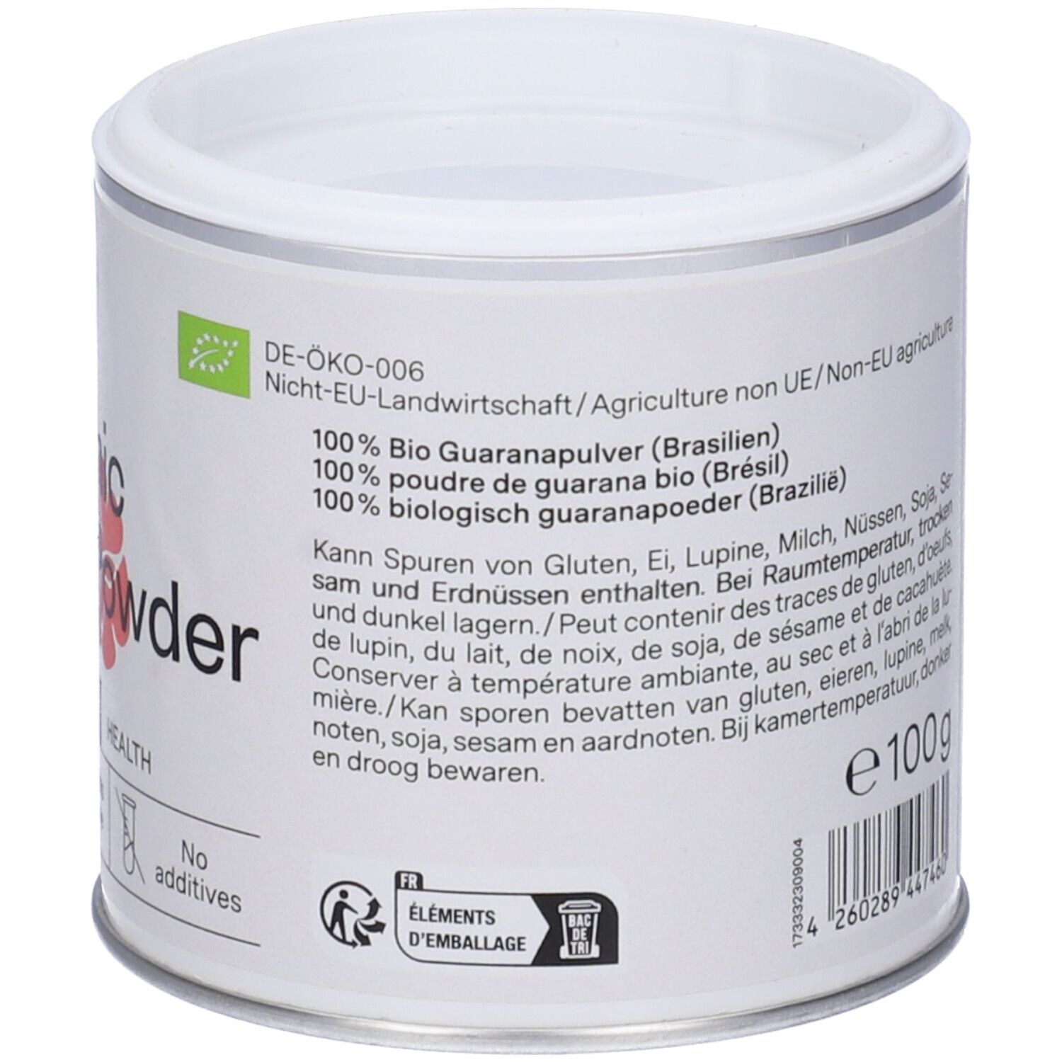 Dos de la boîte avec informations nutritionnelles et ingrédients. Texte en allemand, français et néerlandais. Avec label bio.