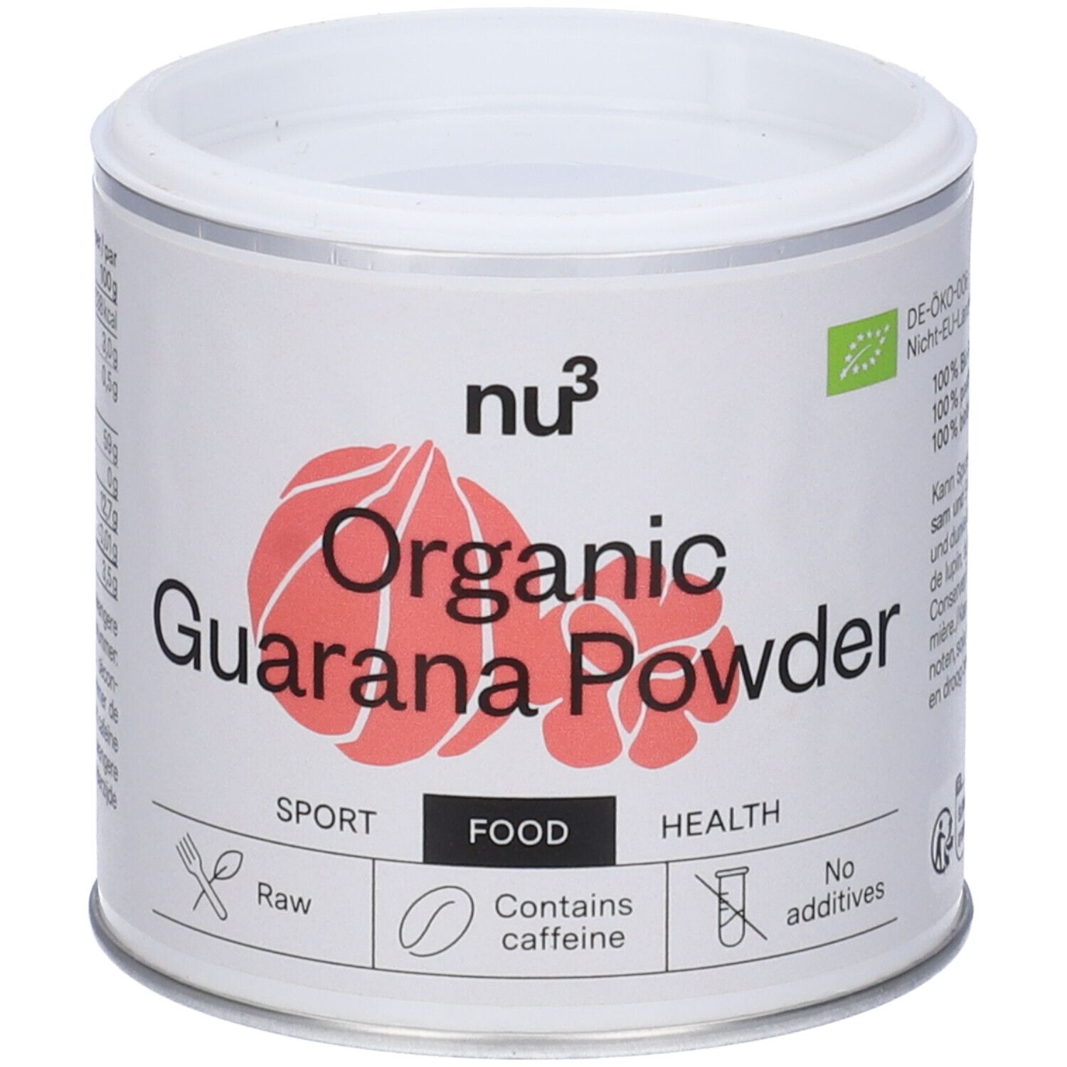 Boîte blanche avec logo Guarana Powder rouge. Inscription: Organic Guarana Powder, contient de la caféine. Avec label bio.