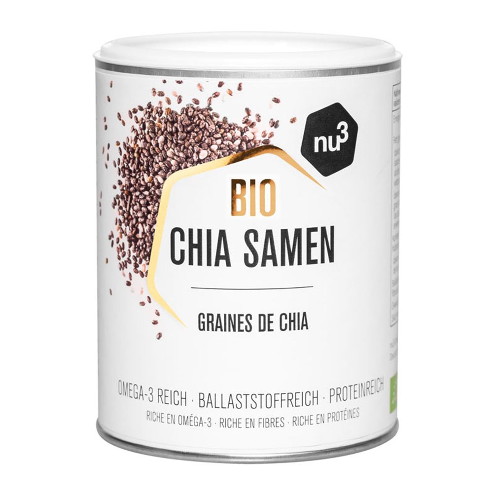Boîte cylindrique de graines de chia bio nu3. Inscription : BIO CHIA SAMEN, GRAINES DE CHIA. Logo nu3 noir. Riche en oméga-3, fibres, protéines.