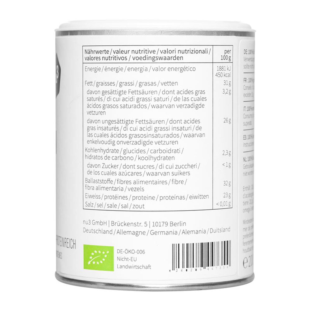 Dos de la boîte avec tableau nutritionnel. Contient des informations sur l'énergie, les graisses, les glucides, le sucre, les fibres, les protéines et le sel. Label bio.