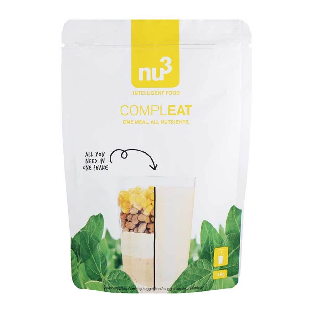 Sachet "nu3 Compleat". Bande jaune en haut. Illustration d'un shake. Texte : "ONE MEAL. ALL NUTRIENTS".