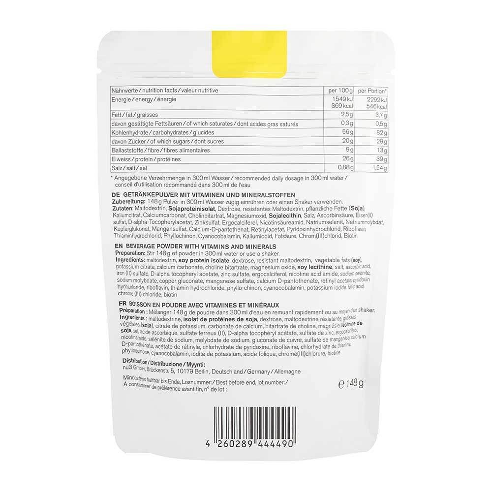 Dos du sachet "nu3 Compleat". Texte : informations nutritionnelles, ingrédients, mode d'emploi. Code EAN et poids.