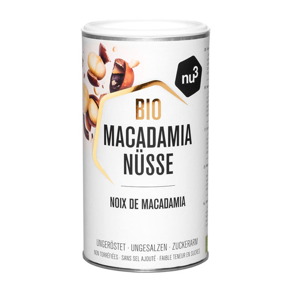 Boîte cylindrique nu3 avec "BIO MACADAMIA NÜSSE". Contient des noix, texte : non torréfiées, sans sel ajouté, faible teneur en sucre.