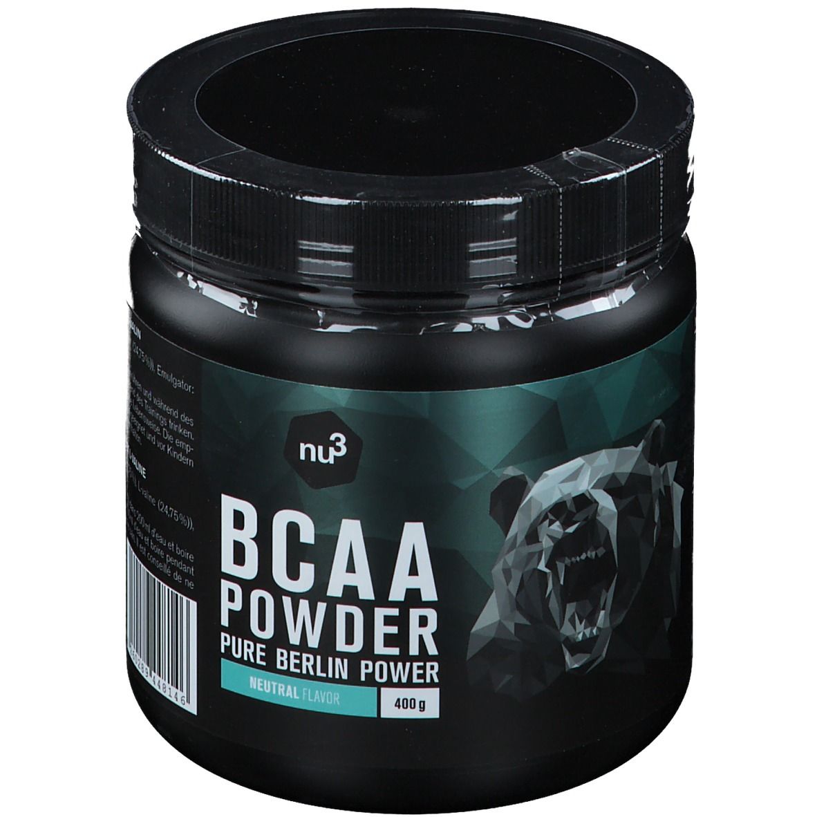 Pot noir "nu3 BCAA Powder". Inscription "Pure Berlin Power". 400g. Saveur neutre. Graphique ours.