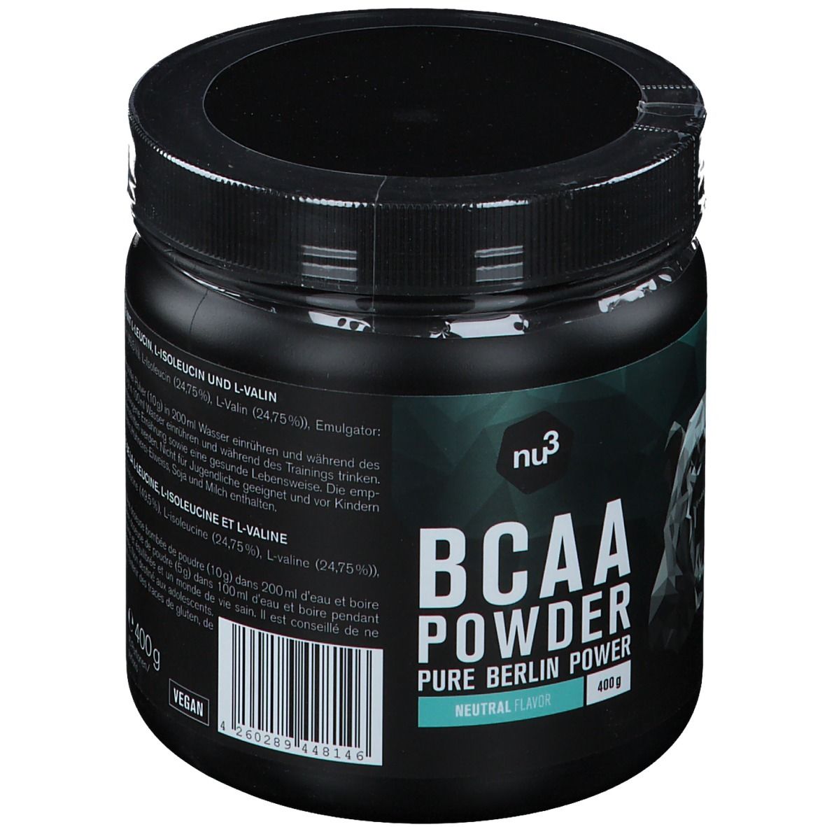 Pot noir "nu3 BCAA Powder". Inscription "Pure Berlin Power". 400g. Vegan. Graphique ours.