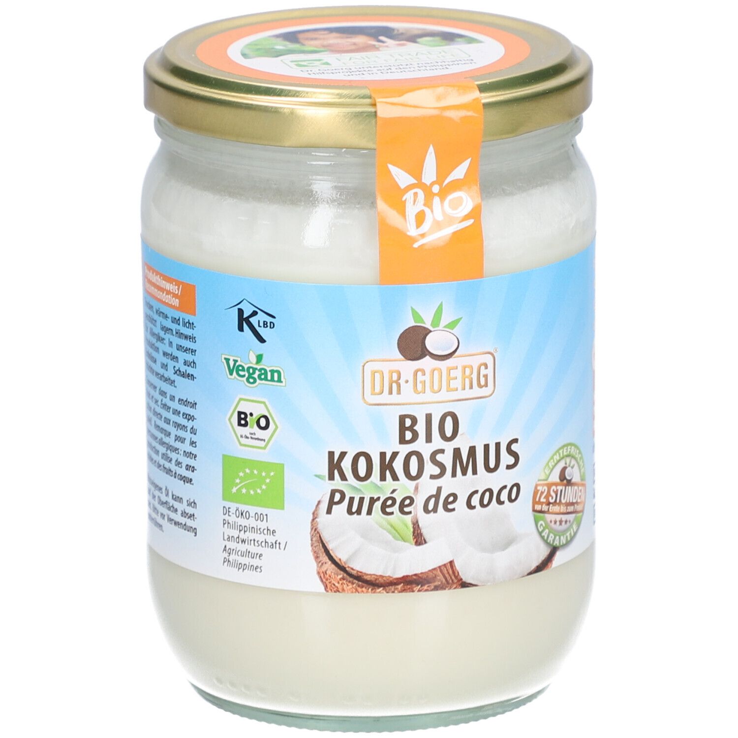 Pot de purée de coco bio DR. GOERG. Étiquette avec logos "Bio" et "Vegan". Couvercle doré. Nom du produit et illustration de noix de coco.
