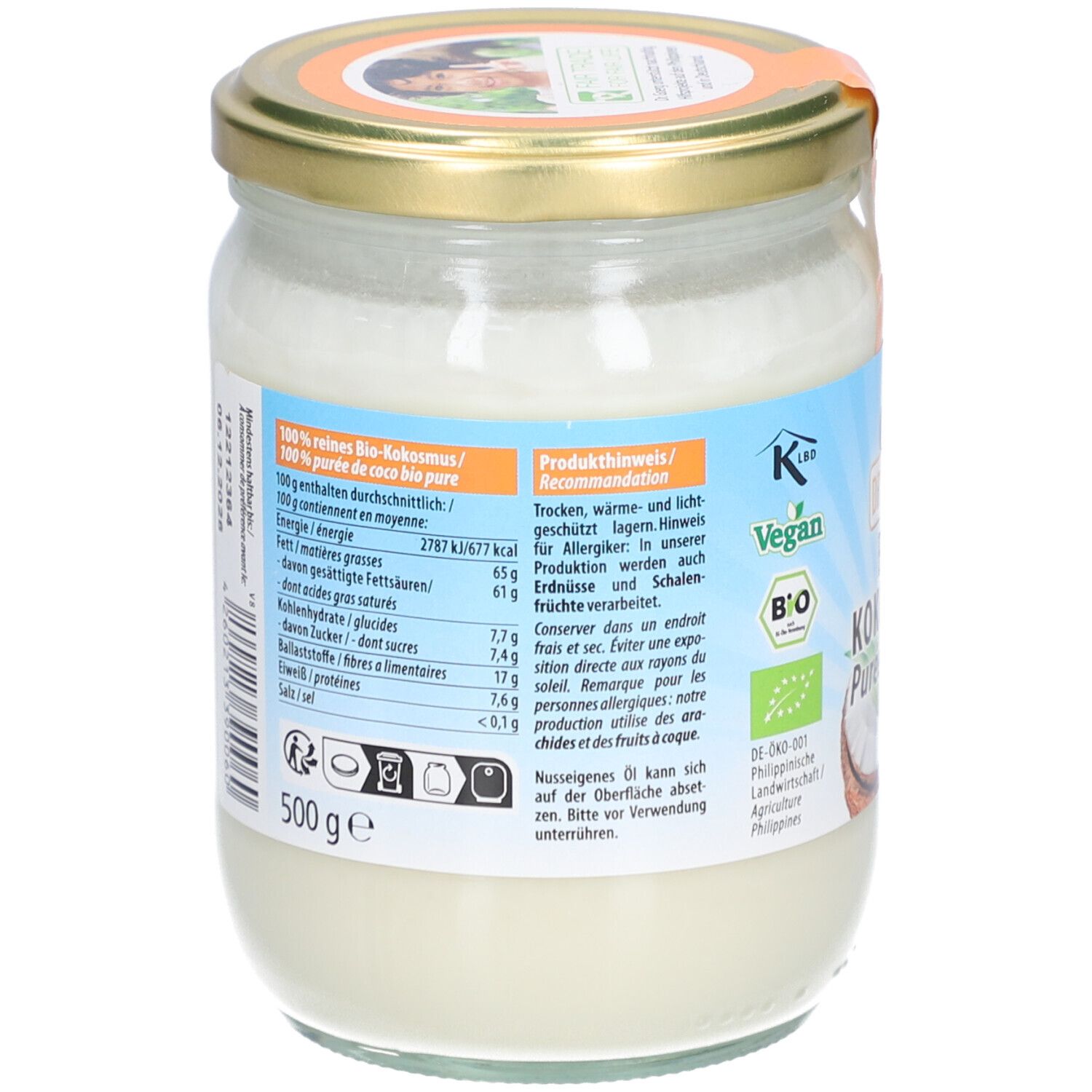 Pot de purée de coco bio DR. GOERG. Dos avec informations nutritionnelles et ingrédients. Label Vegan. 500g. Couvercle doré.