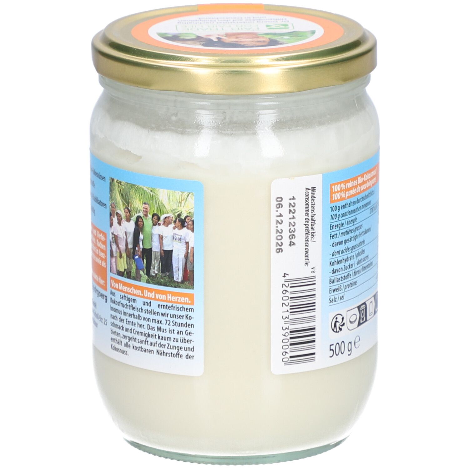 Pot de purée de coco bio DR. GOERG. Dos avec texte et personnes. Date de péremption. 500g. Couvercle doré.