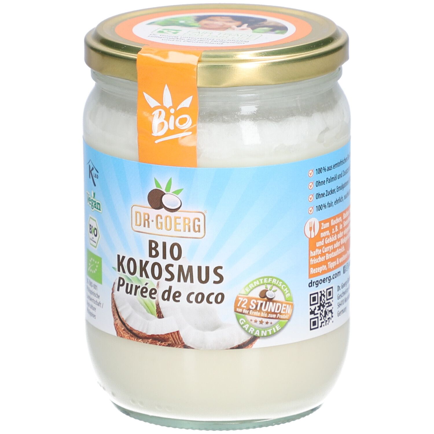 Pot de purée de coco bio DR. GOERG. Étiquette avec logos "Bio" et "Vegan". Couvercle doré. Nom du produit et illustration de noix de coco.