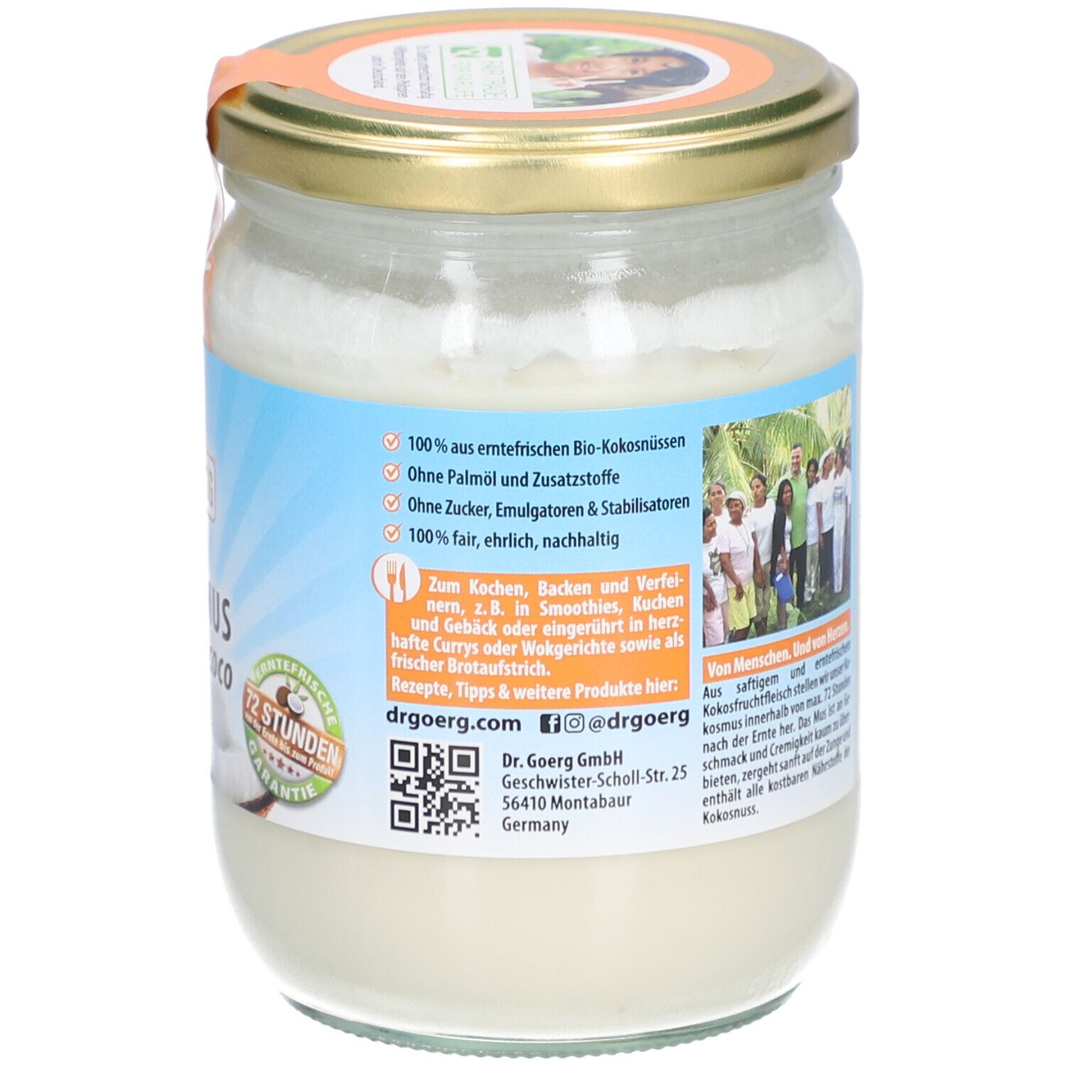 Pot de purée de coco bio DR. GOERG. Dos avec texte, QR code et coordonnées. Couvercle doré. Garantie fraîcheur 72 heures.