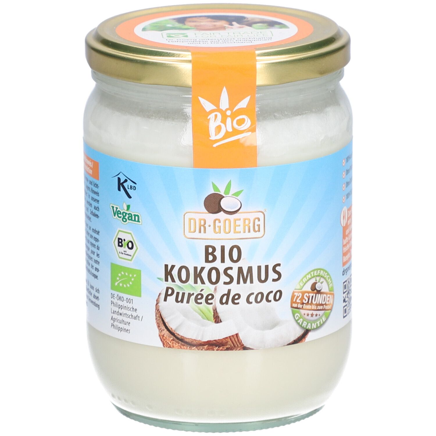 Pot de purée de coco bio DR. GOERG. Étiquette avec logos "Bio" et "Vegan". Couvercle doré. Nom du produit et illustration de noix de coco.