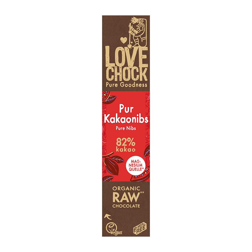 Barre LOVECHOCK Pur Kakaonibs 82% Kakao. Emballage rouge avec informations produit. Vegan, certification bio. Tons marron et rouge.