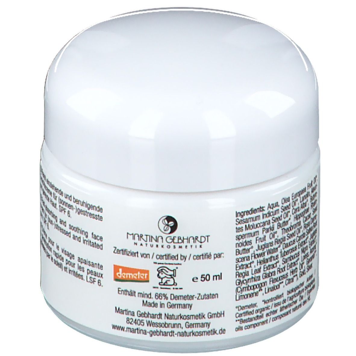 Pot de crème blanc avec couvercle. Étiquette avec ingrédients, certification Demeter, informations fabricant et volume: 50 ml.