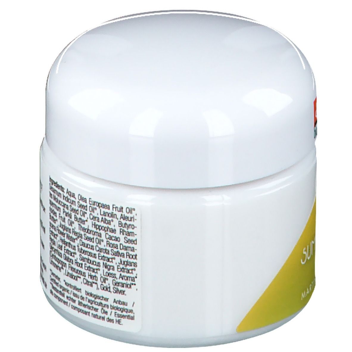 Pot de crème blanc avec couvercle. Étiquette jaune avec texte: Summer Time cream, Martina Gebhardt. Logo Demeter.