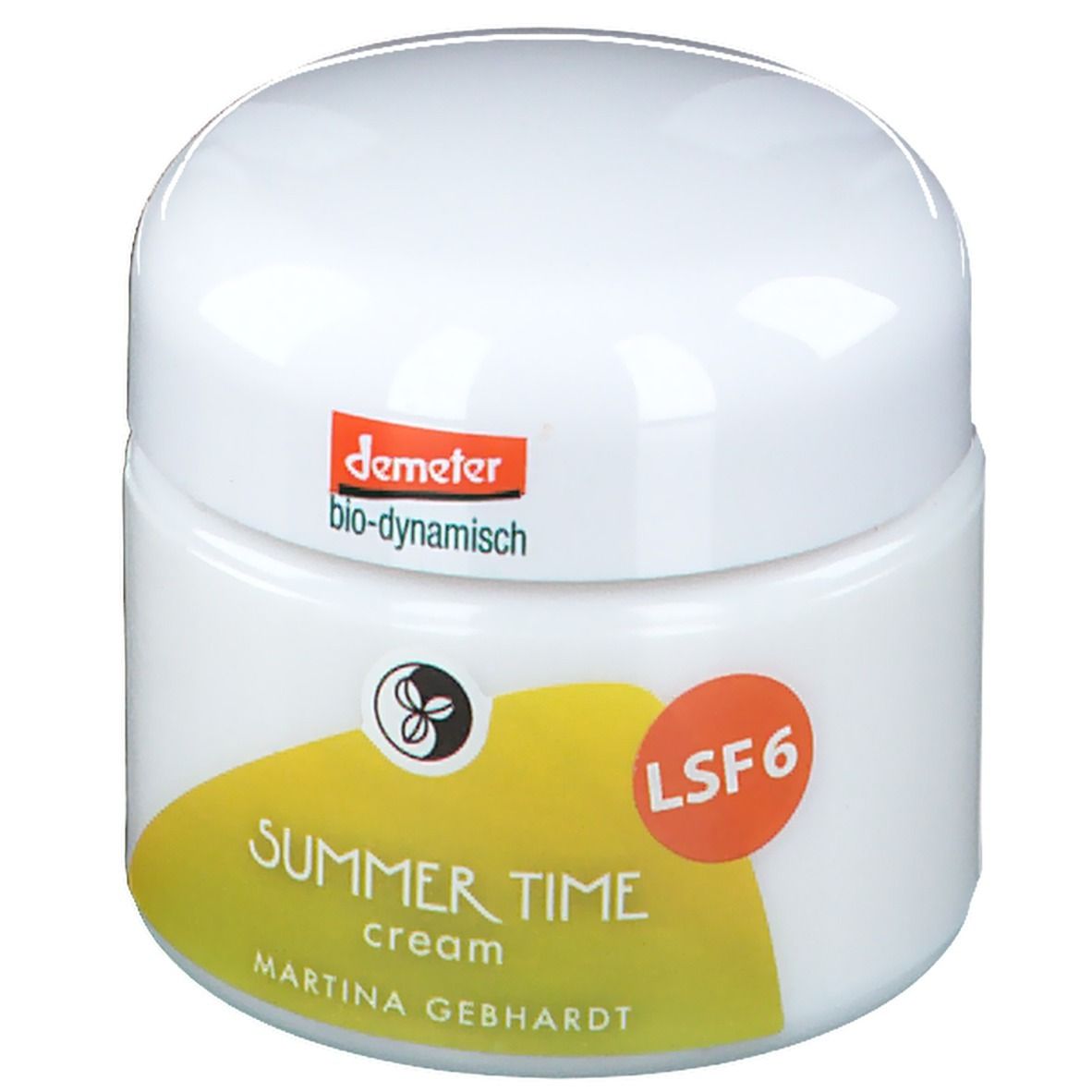 Pot de crème blanc avec couvercle. Étiquette jaune avec texte: Summer Time cream, Martina Gebhardt. Logo Demeter.